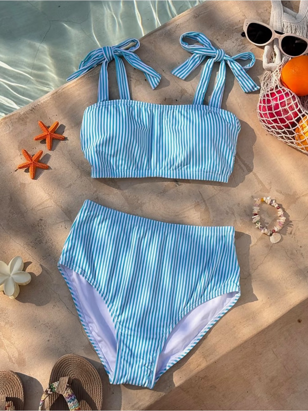 Striped Tie-Shoulder High Waist Bikini in Light Blue